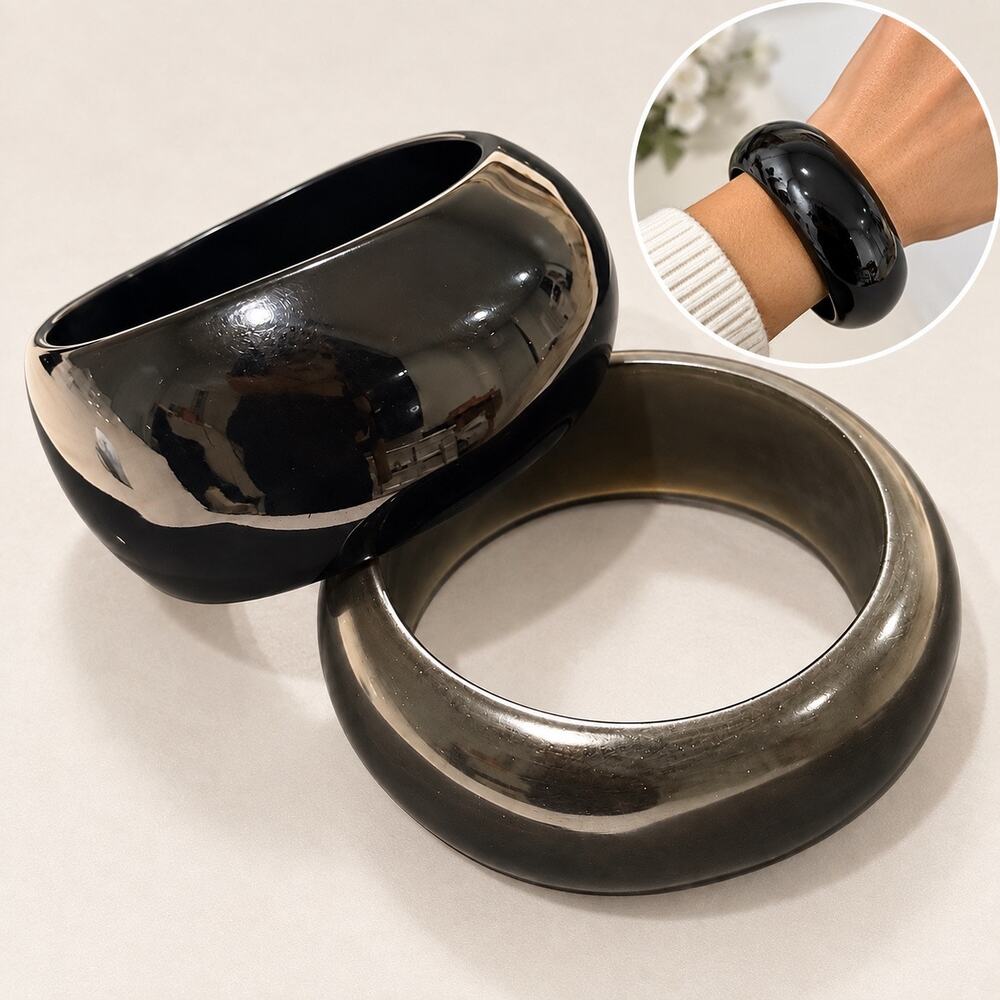 Set 2- Nordstrom Chunky Black Marble Look Acrylic Bangle Bracelet Set statement